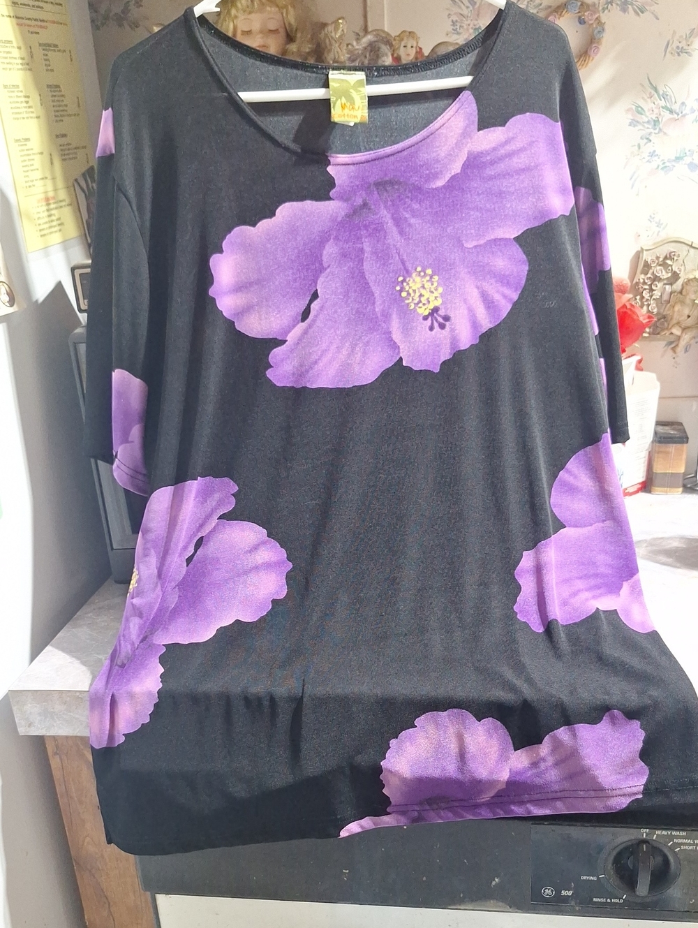 Black Tunic Top with Large Purple Floral Print